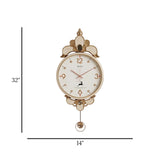 BAOLI ELEGANT ORNATE FLORAL CROWN PENDULUM WALL CLOCK RESIN & METAL CREAM & GOLD COLOR 32''X14'' CHINA