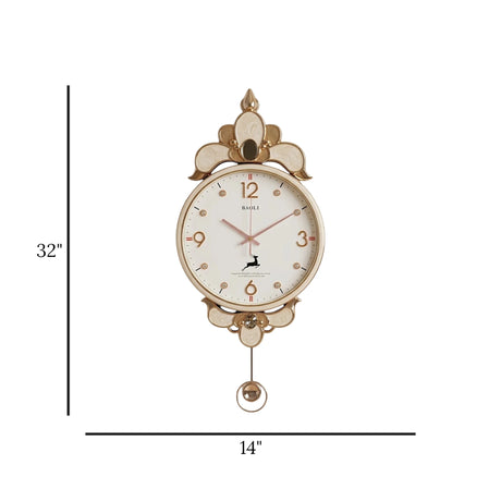 BAOLI ELEGANT ORNATE FLORAL CROWN PENDULUM WALL CLOCK RESIN & METAL CREAM & GOLD COLOR 32''X14'' CHINA
