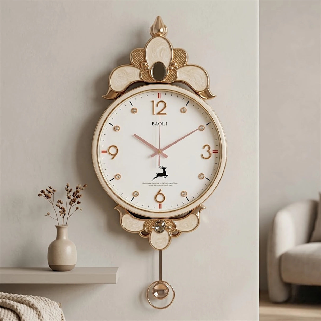 BAOLI ELEGANT ORNATE FLORAL CROWN PENDULUM WALL CLOCK RESIN & METAL CREAM & GOLD COLOR 32''X14'' CHINA