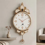 BAOLI ELEGANT ORNATE FLORAL CROWN PENDULUM WALL CLOCK RESIN & METAL CREAM & GOLD COLOR 32''X14'' CHINA