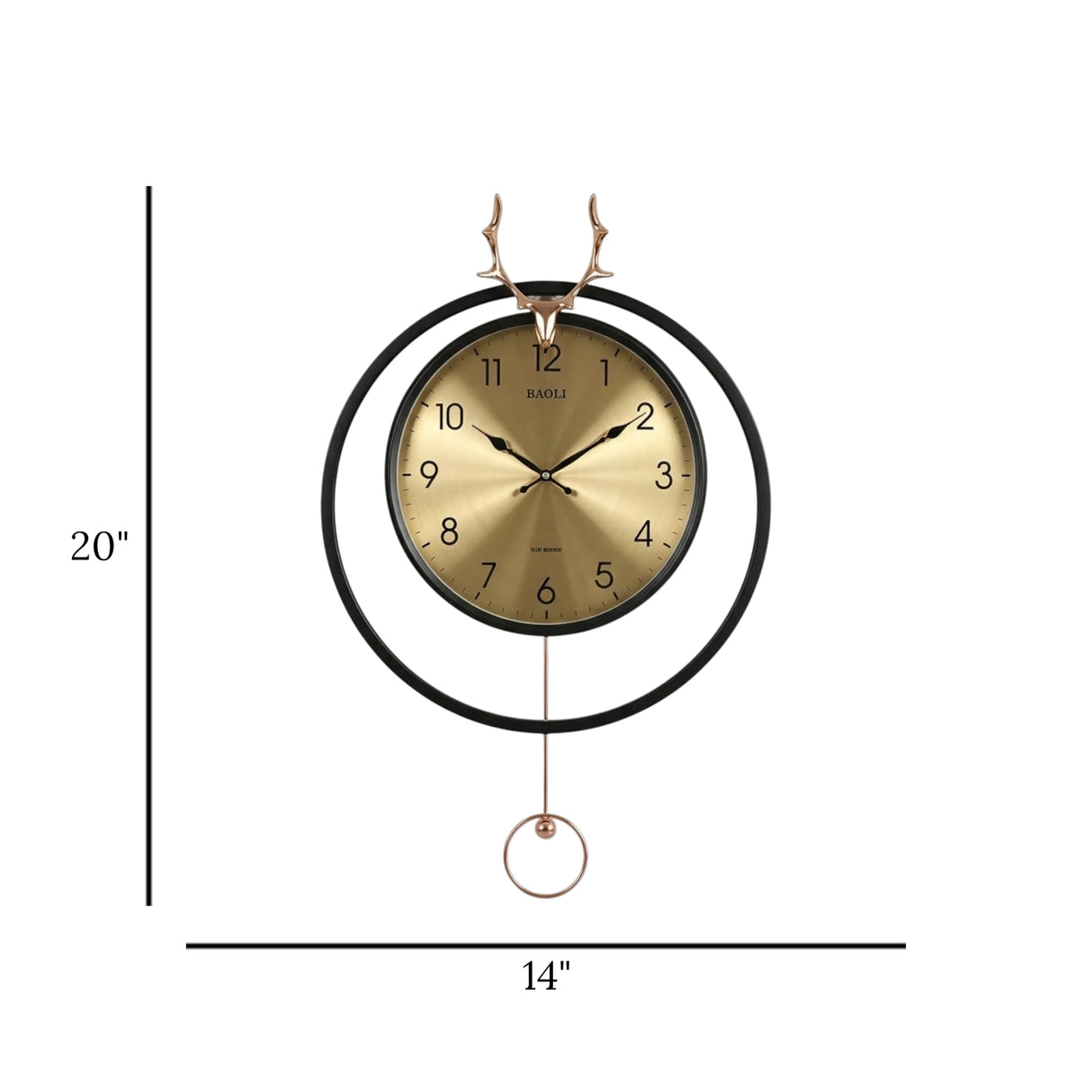 wall clock with pendulum black & golden 20''x14''china