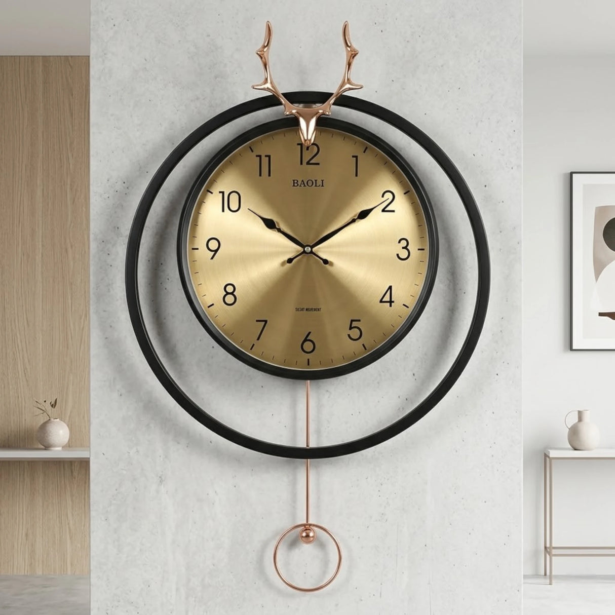 wall clock with pendulum black & golden 20''x14''china