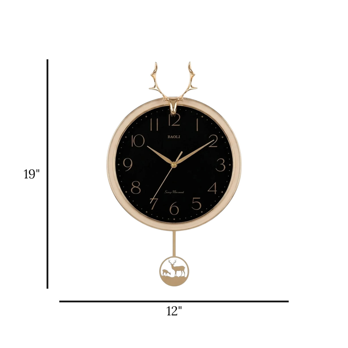 wall clock with pendulum black & golden 19''x12'' china