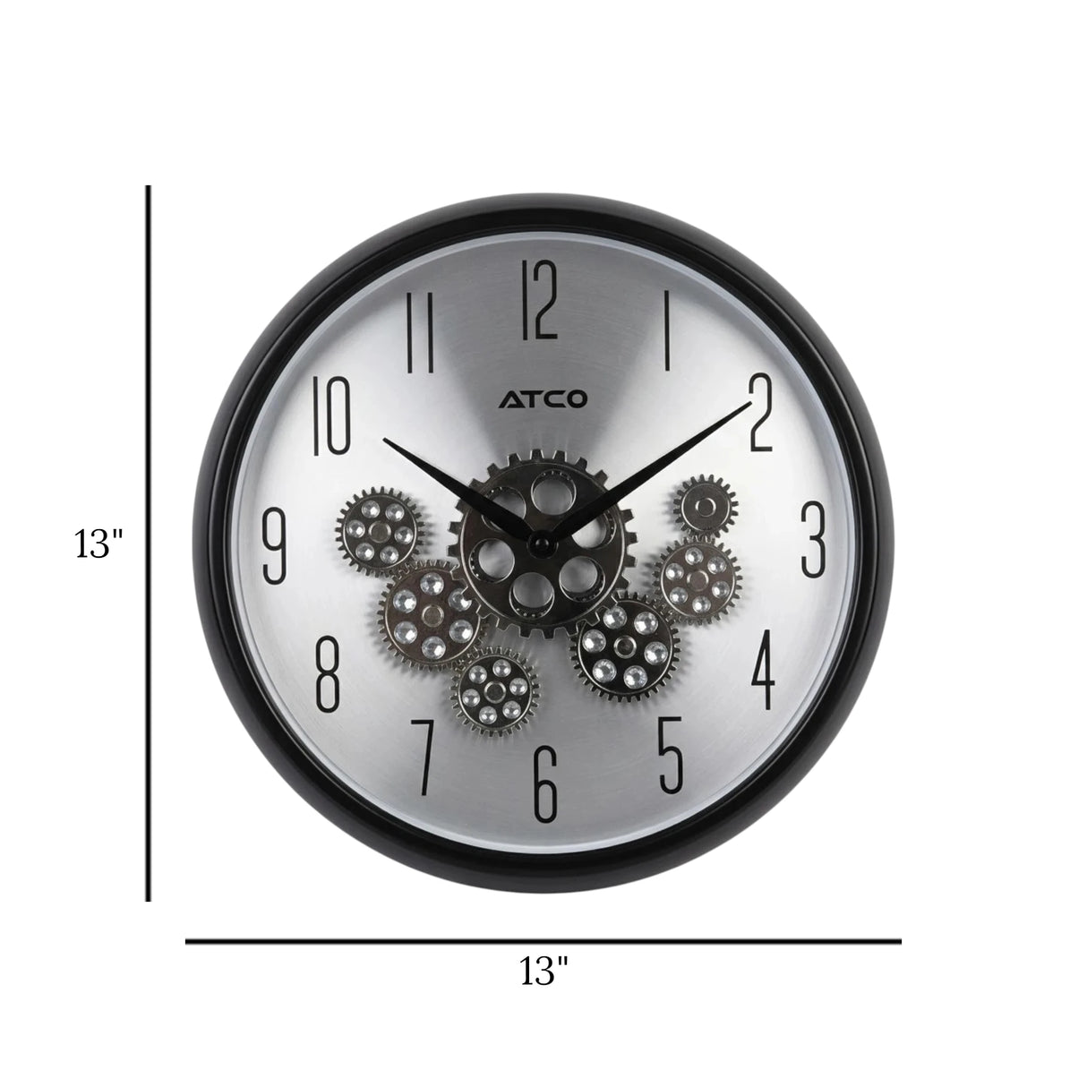 wall clock moving gear silver & black 13''x13''