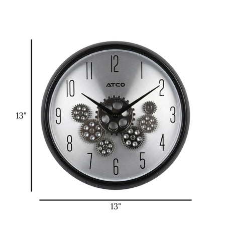 wall clock moving gear silver & black 13''x13''
