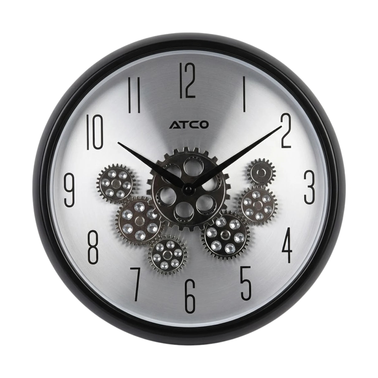 wall clock moving gear silver & black 13''x13''