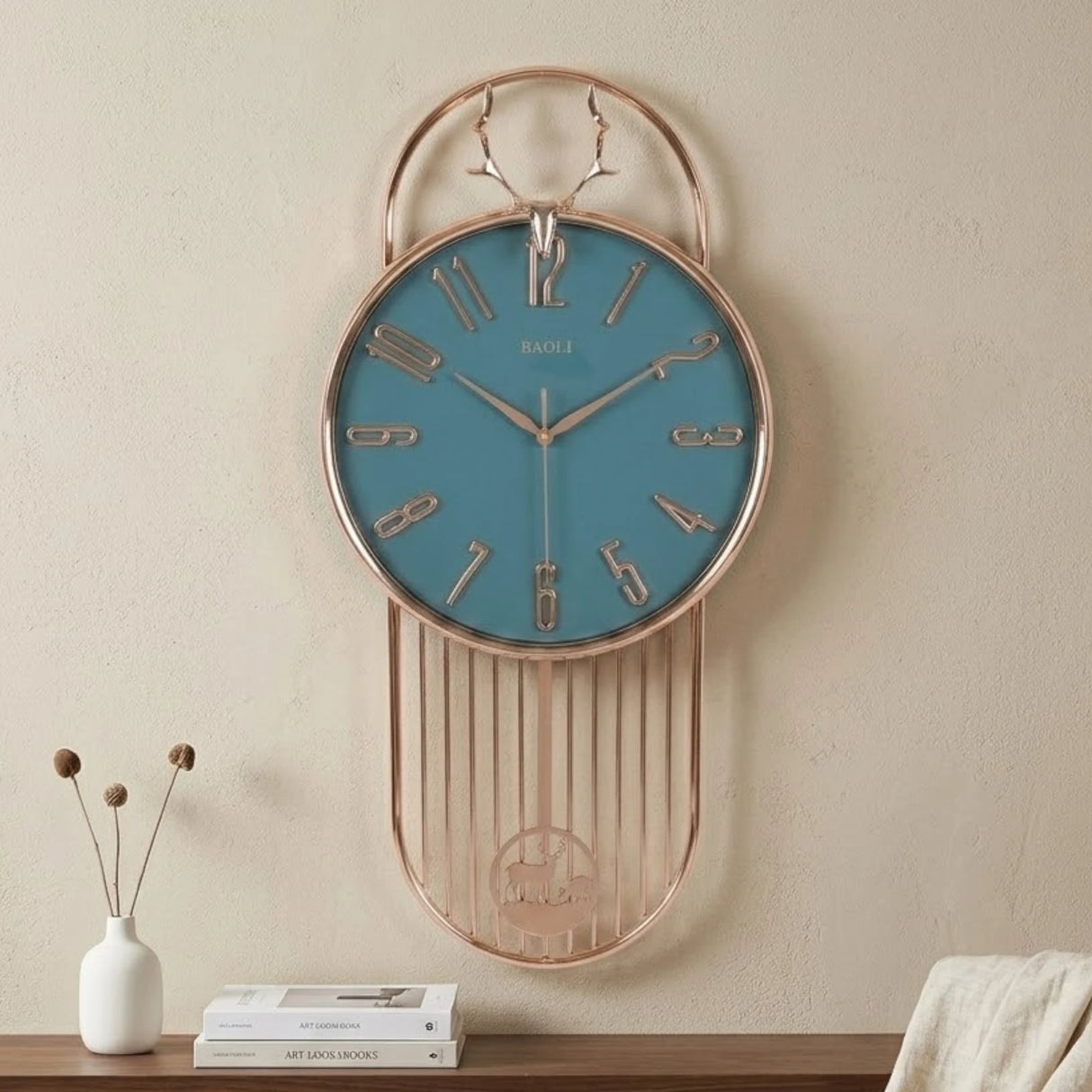 fancy wall clock with pendulum blue 26''x12.5'' china