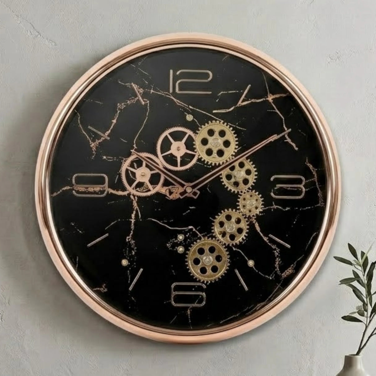 wall clock moving gear marble texture black 15"x15" china