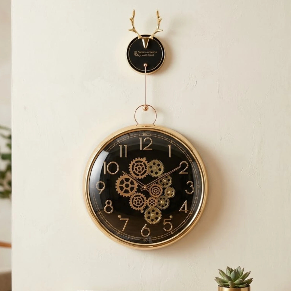 wall clock moving gear hanging with deer black 32"x15" china