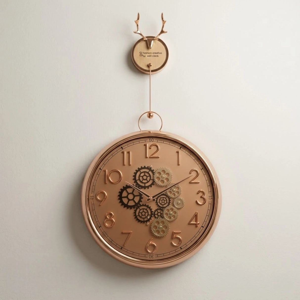 wall clock moving gear hanging with deer golden 32"x15" china