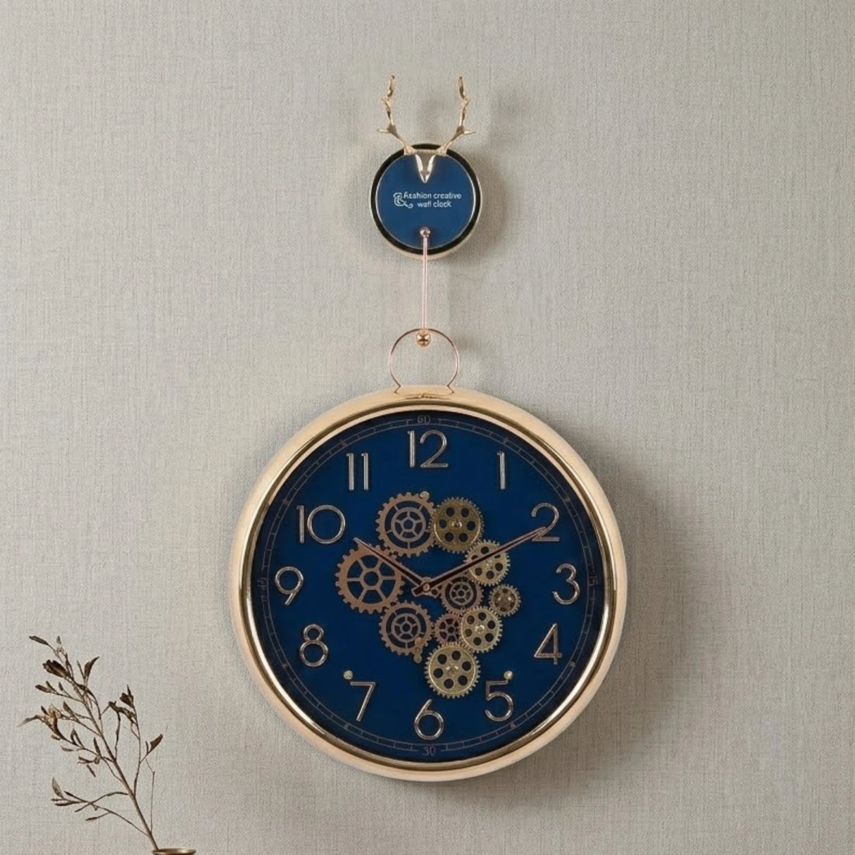 wall clock moving gear hanging with deer blue 32"x15" china