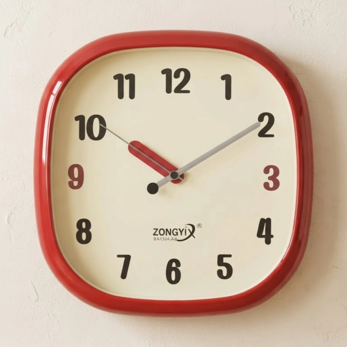 wall clock square red & cream 11"x11" china