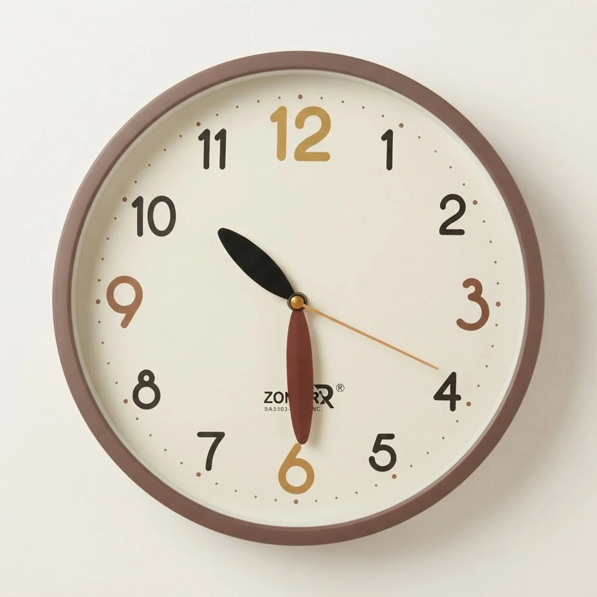 wall clock round brown & white 12"x12" china