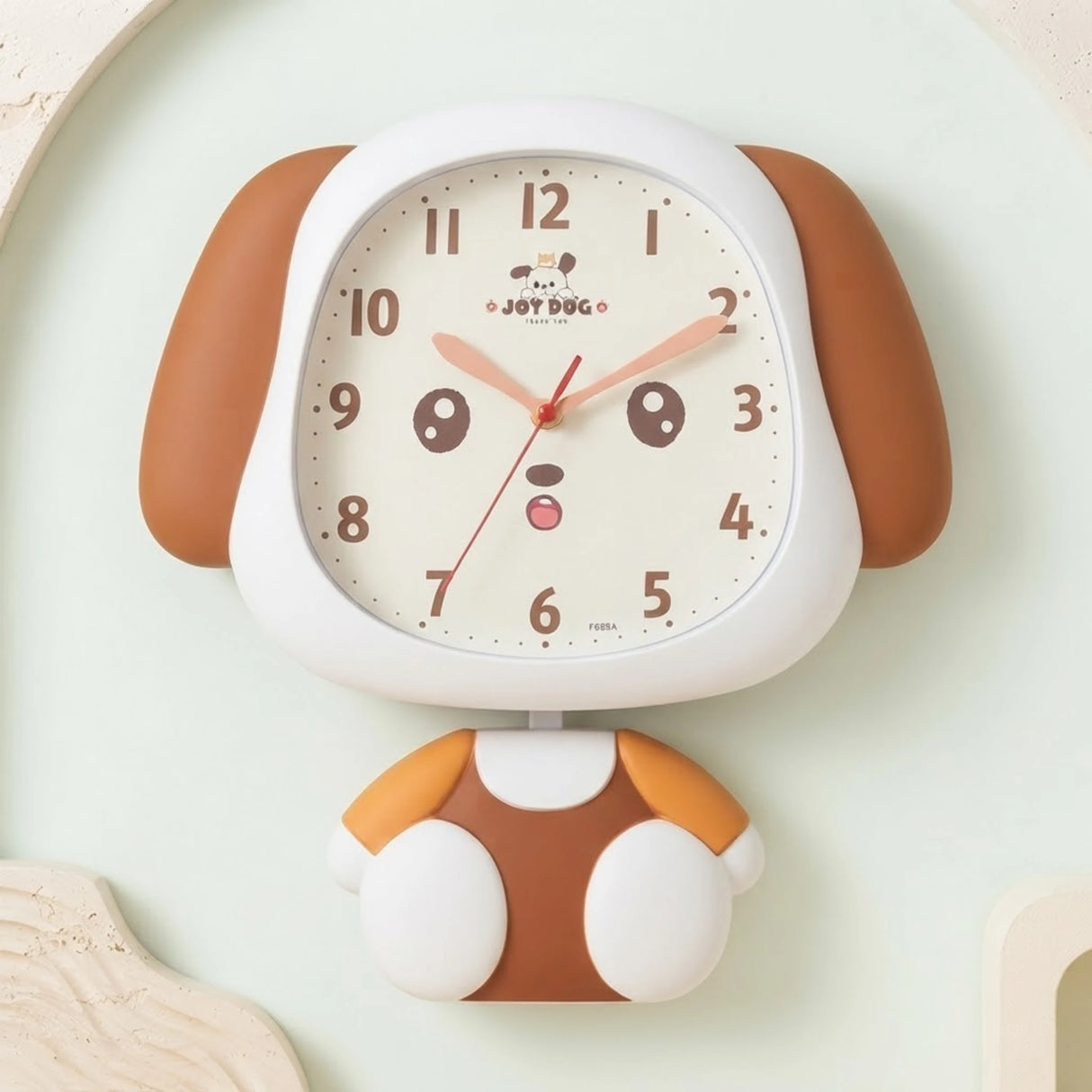 wall clock kids with pendulum dog brown & white 14''x13'' china