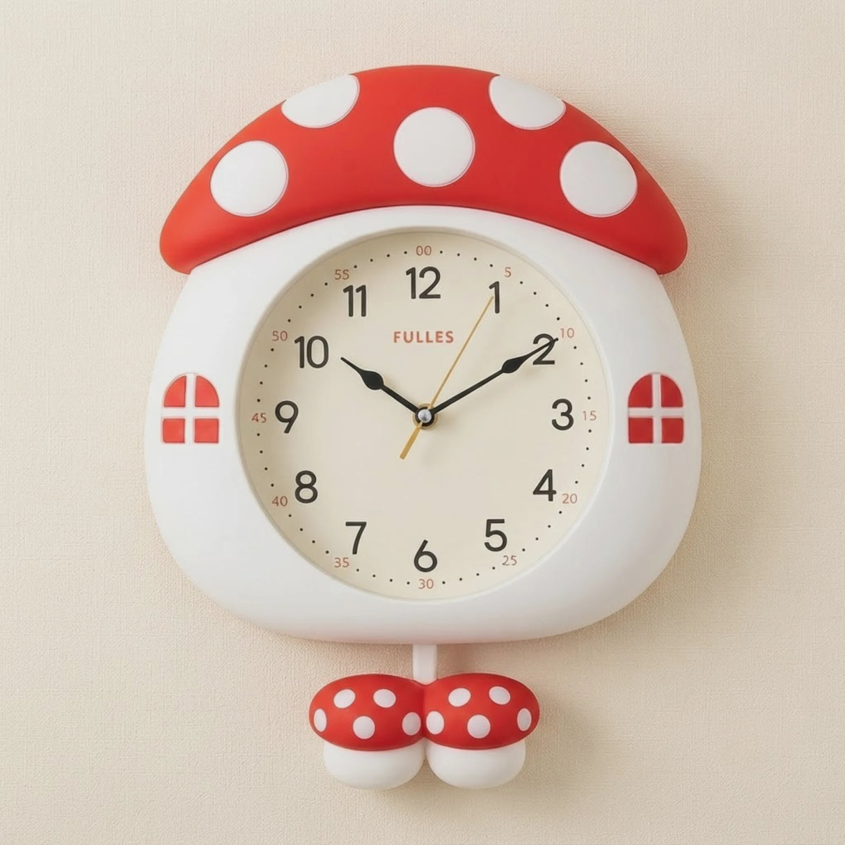 wall clock kids with pendulum mushroom red & white 15''x11'' china