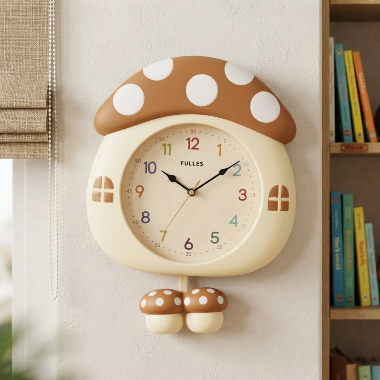 wall clock kids with pendulum mushroom yellow & brown 15''x11'' china