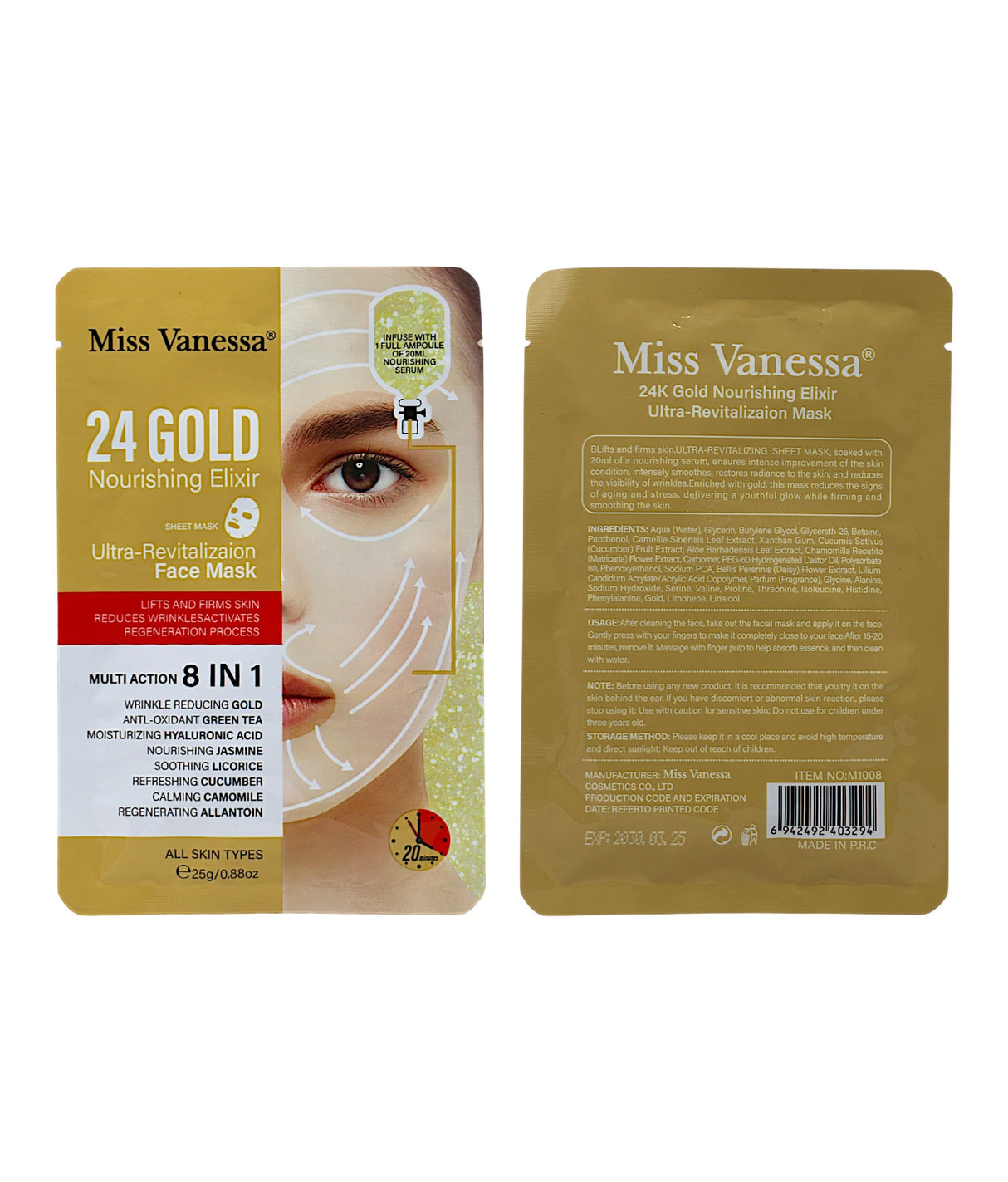 miss vanessa sheet mask 24k gold 25g china m1008