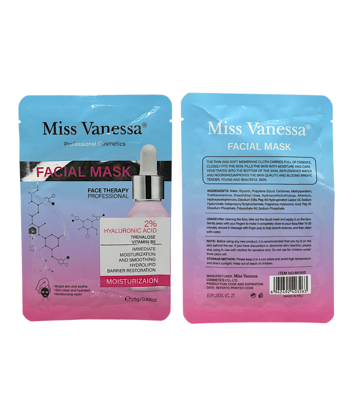 miss vanessa sheet mask hyaluronic acid 2% 25g china m1005