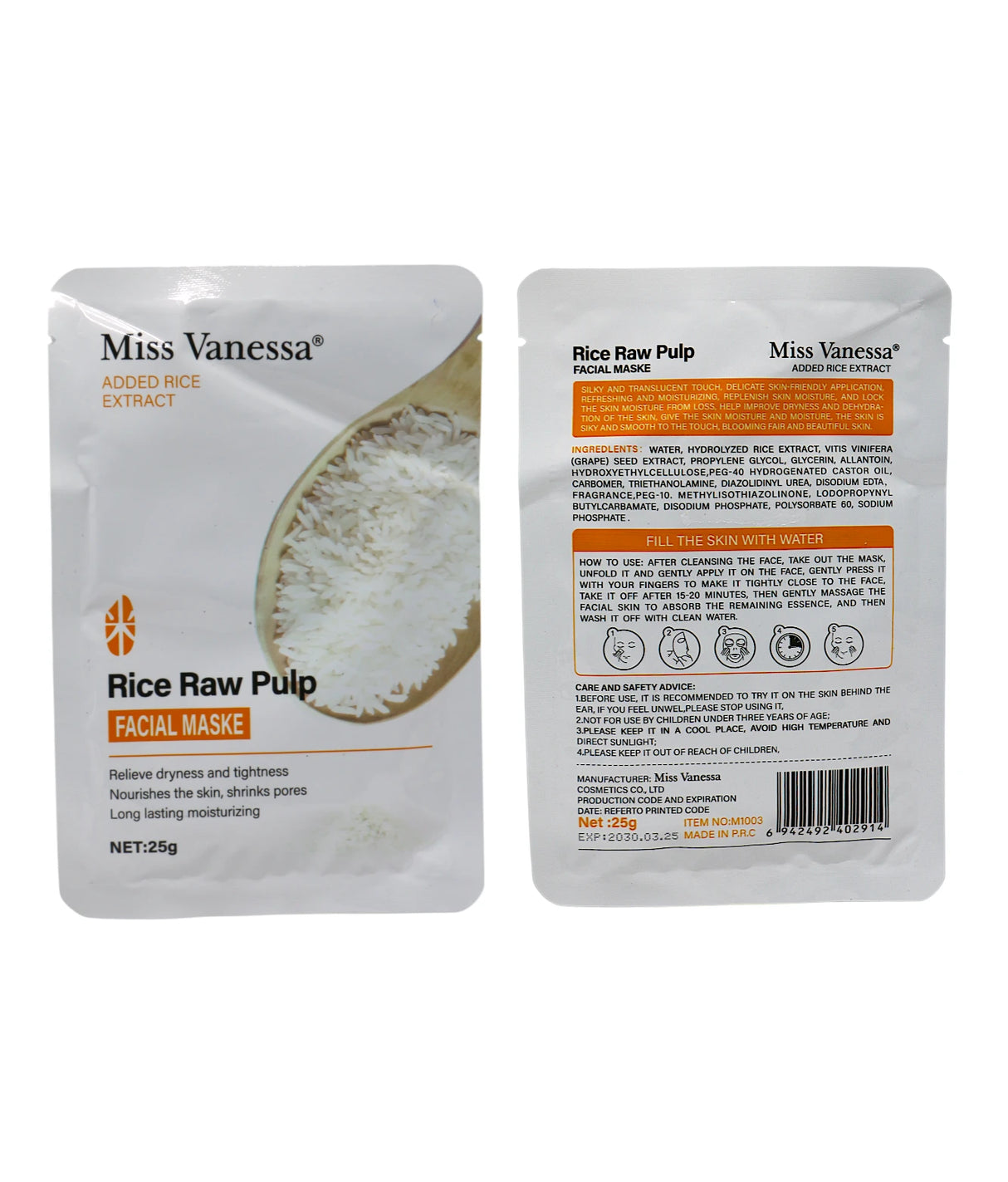 miss vanessa sheet mask rice raw pulp 25g china m1003