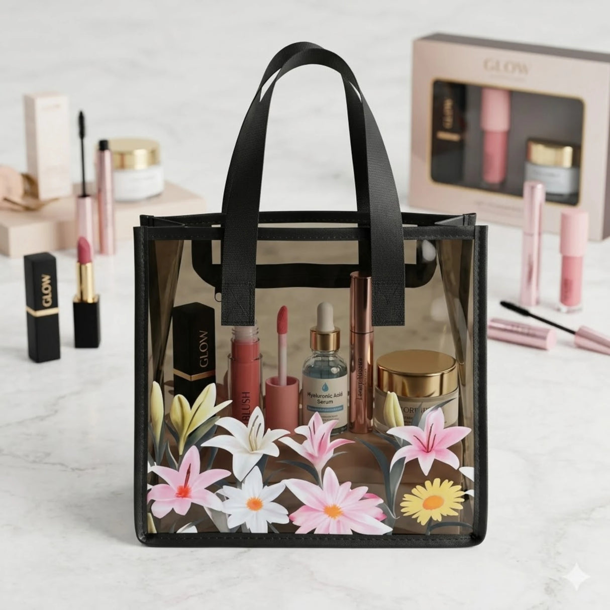 floral print transparent makeup pouch and cosmetic organizer bag pvc black 10"x9.5" china