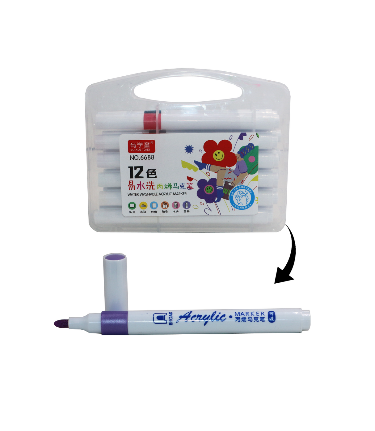 yuxue acrylic marker washable 12p china 6689-12