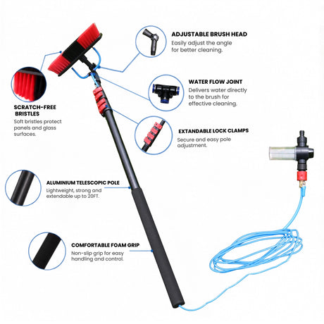 Solar Panel Cleaning Brush 18Ft with Telescopic Pole, Water Flow System & Adjustable Brush Head