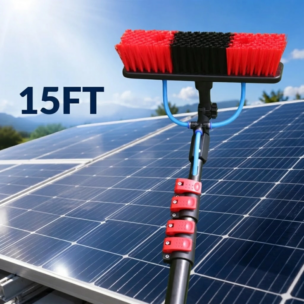 Solar Panel Cleaning Brush 15Ft with Telescopic Pole, Water Flow System & Adjustable Brush Head