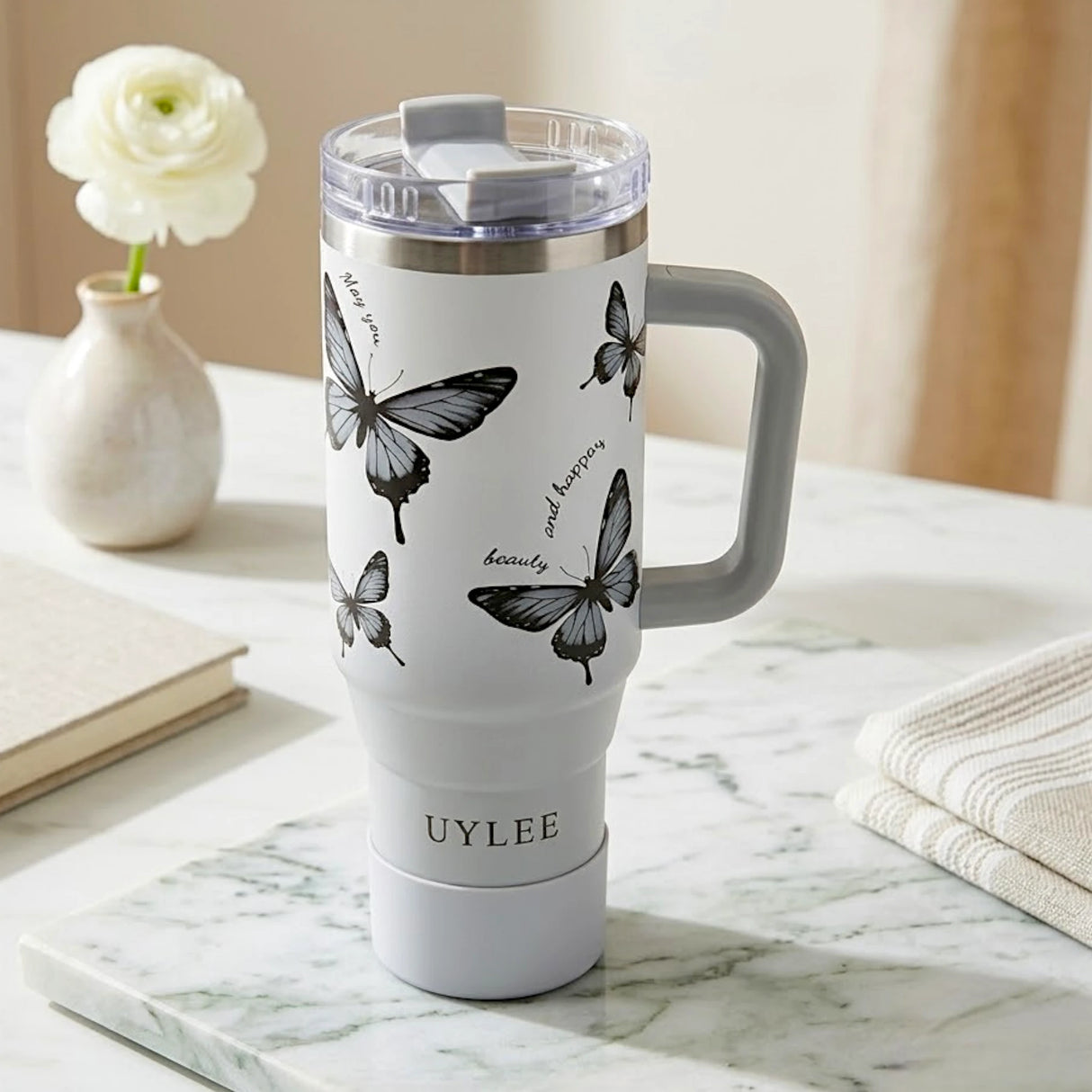 tumbler cup stainless steel white butterfly print 1.2l 40oz china 474