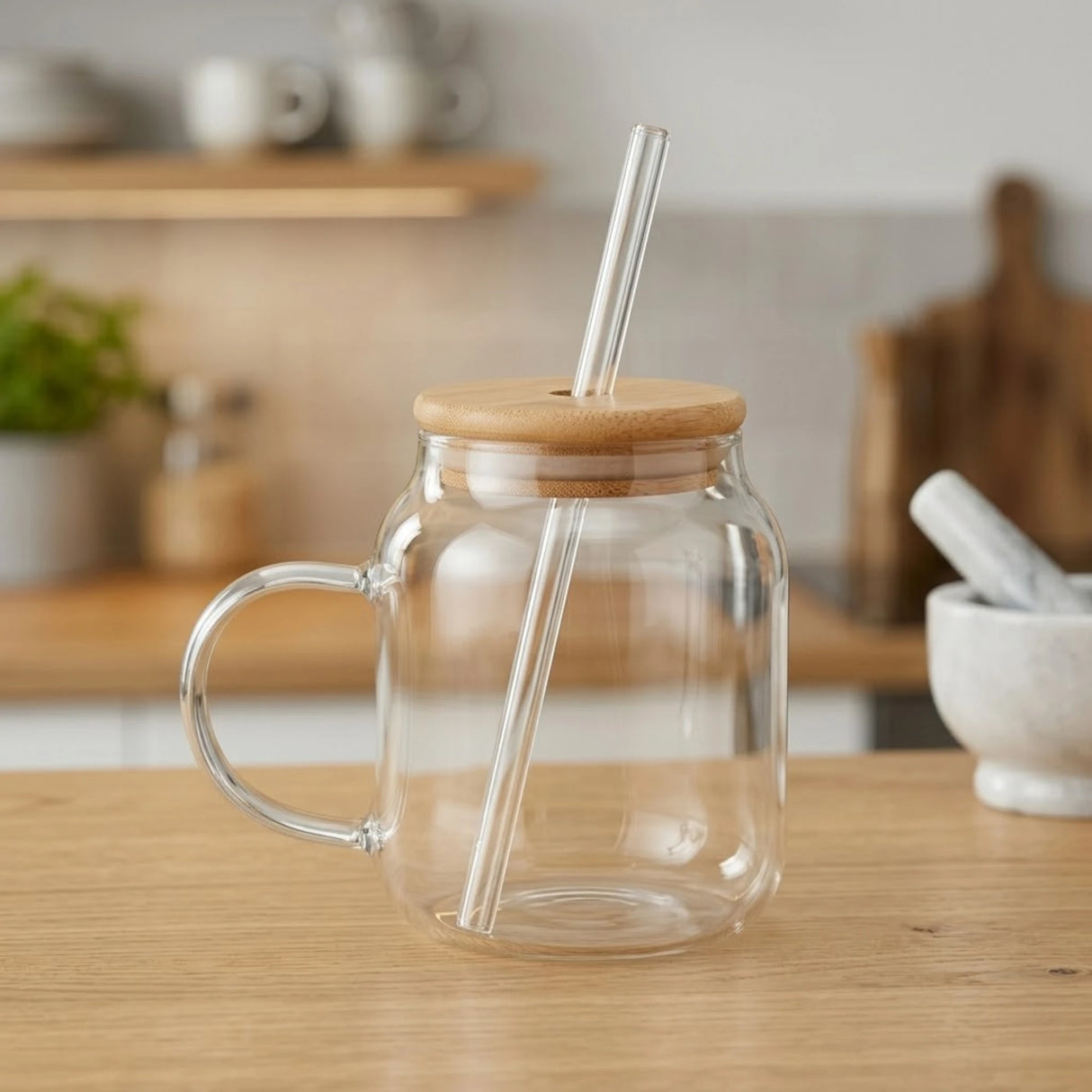 glass mason mug & wood lid china 8737