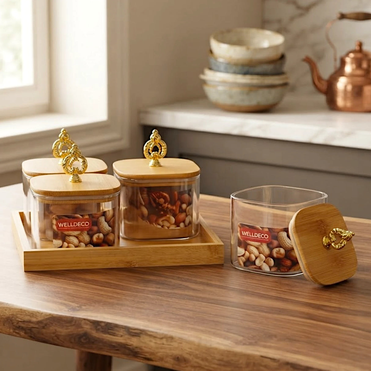 glass jar 4pc 500ml square with wood tray china wg-l5-004